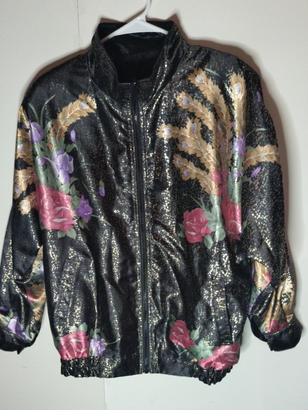Vintage Adolfo Sport Reversible Metallic Floral / Solid Black Bomber Jacket